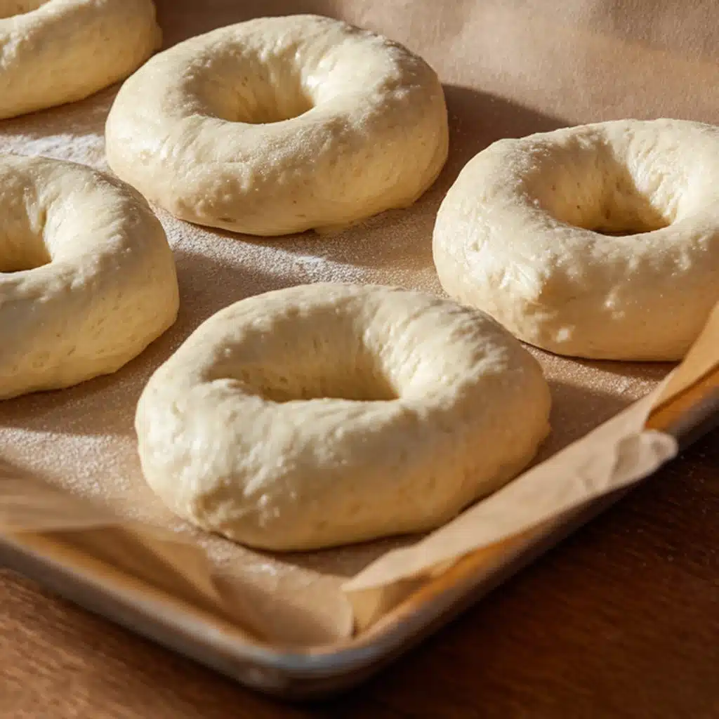 Shaping dough into bagels on tray